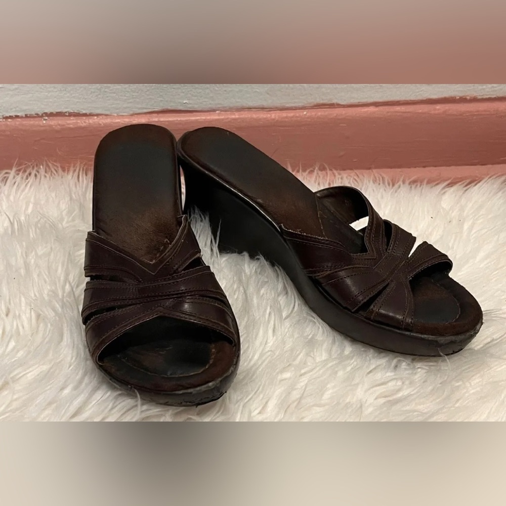 VINTAGE 90s Y2k Brown Peep Toe Leather Sandal Wedges Size 6 Summer Shoes Women’s